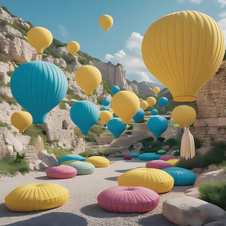 Rocky showing brightly colored hot air balloons floating over a rocky canyon landscape keywords: hot air balloon, sky, travel, adventure, freedom, transportation, leisure,...の素材