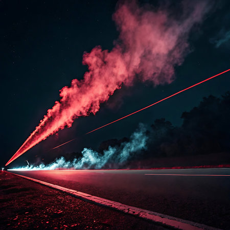 A car's lights create a bright streak on a dark road at night, with a vibrant red smoke trail and blueish exhaust fumes.の素材