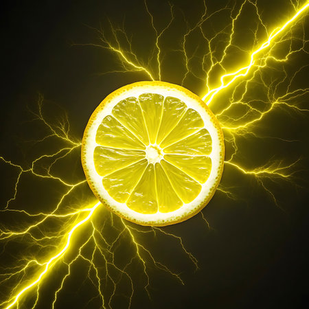 Bright yellow lightning bolts crackle and surround a glowing, illuminated slice of lemon against a dark background, symbolizing natural energy and zest.の素材
