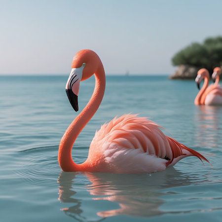 A close-up view of a pink flamingo gracefully swimming in calm, clear turquoise water with a soft blue sky and distant foliage.の素材