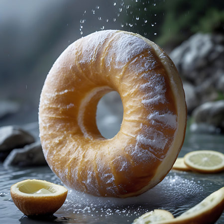 A close-up shot of a powdered sugar donut with lemon slices, with water droplets falling from above, creating a refreshing and artistic effect.の素材