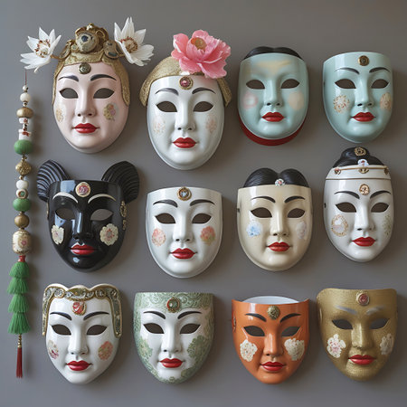 A collection of diverse decorative Asian masks with varied colors, designs, and adornments are displayed on a gray wall.の素材