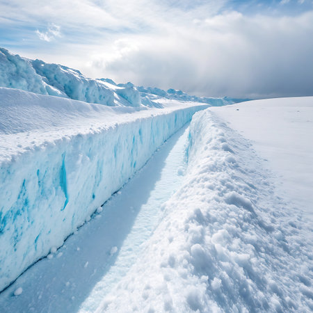 A deep, narrow crevasse with striking blue ice walls cuts through a vast, snow-covered arctic landscape under a cloudy sky.の素材