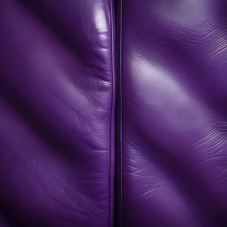 A detailed close-up of a deep purple smooth leather texture with a visible seam and subtle wrinkles, showcasing its glossy surface.の素材