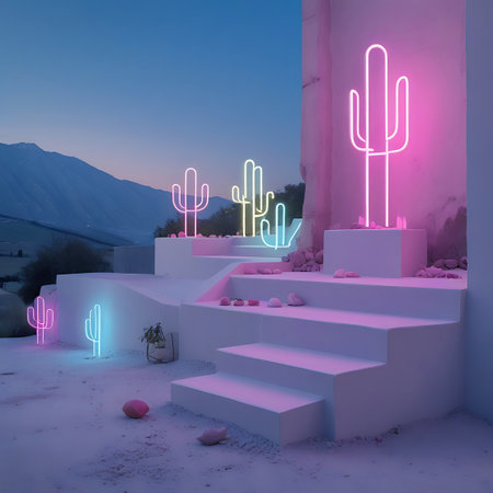 A desert landscape at dusk with glowing neon cactus sculptures in various colors. Mountains are visible in the background under a twilight sky.の素材