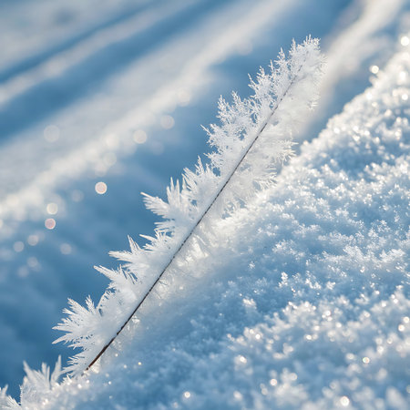 A close-up macro shot of a dry grass blade covered in delicate, sharp ice crystals, sparkling in the sunlight against a soft, blurred snowy background.の素材