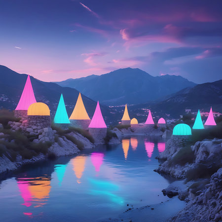 Geometric, brightly colored illuminated structures stand on stone bases along a river at twilight, their reflections shimmering on the water's surface with a distant town.の素材