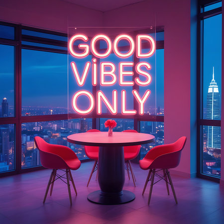A modern room with red seating and a red neon sign saying "Good Vibes Only" offers a stunning view of a city skyline during twilight.の素材