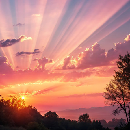 A dramatic sunset paints the sky with vibrant pink, orange, and purple hues. Sun rays emanate from behind clouds, casting a warm glow over rolling hills.の素材