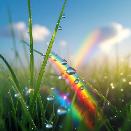 Close-up of dewy green grass blades with a rainbow arch in the background and sparkling water droplets catching the light.の素材