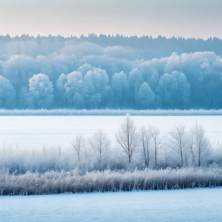 A serene winter landscape features a line of frost-covered trees and reeds in the foreground, with a misty, blue forest in the background under a pale sky.の素材