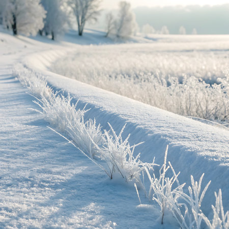 Frost-covered blades of grass line a snowy embankment, with a bright winter landscape and distant trees under a soft, hazy sunlight.の素材