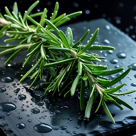 Fresh green rosemary sprigs are covered in sparkling water droplets on a dark, textured surface. Clear details and vibrant colors enhance visual appeal.の素材