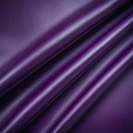 Deep purple faux leather material with smooth, shiny surfaces and diagonal folds creating subtle shadows and highlights.の素材