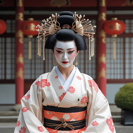 A portrait of a geisha woman adorned in a traditional floral kimono and an elaborate, ornate hairpiece, with striking white face makeup.の素材