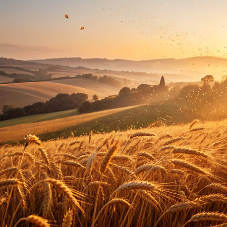 A vast golden wheat field stretches across rolling hills at sunset, with seeds and particles catching the warm, hazy light.の素材