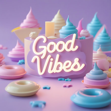 Good vibes showing good vibes cake with pastel frosting and donuts. High resolution image suitable for commercial use.の素材