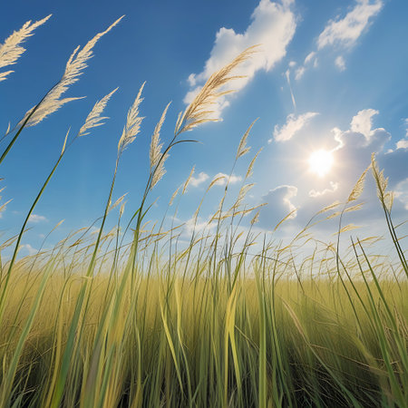 A low-angle view of a field of tall, golden grass with green stems and seed heads, set against a vibrant blue sky with scattered white clouds and bright sunlight.の素材