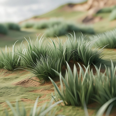 Clumps of vibrant green grass grow on sandy, rolling slopes, illuminated by soft light, creating a natural and textured landscape.の素材