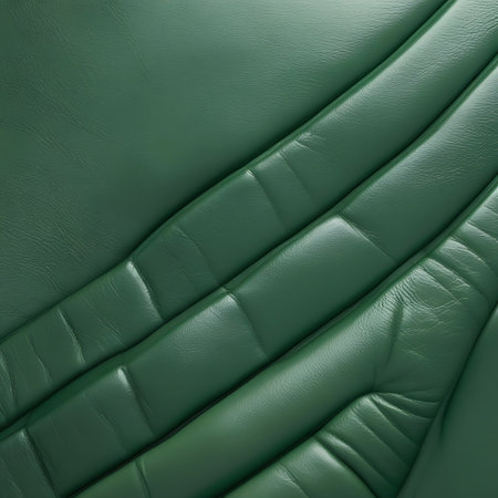 Close-up of green leather upholstery with parallel tufted lines and stitched details, creating a textured and patterned surface.の素材