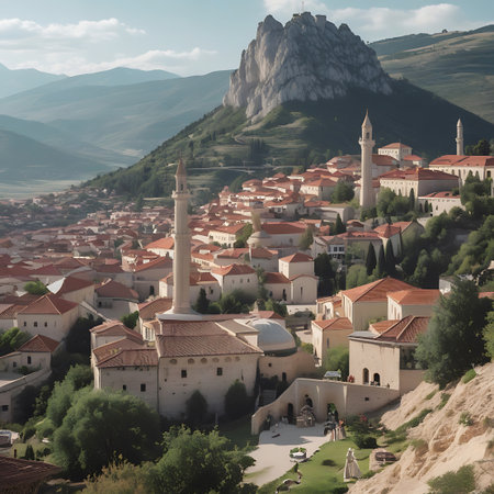 A bustling hillside town with red-tiled roofs, mosques, and minarets is set against a backdrop of green hills and a prominent rocky mountain peak.の素材