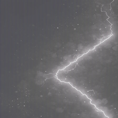 A brilliant, jagged lightning bolt illuminates a dark, cloudy sky, showcasing the raw power of a thunderstorm.の素材
