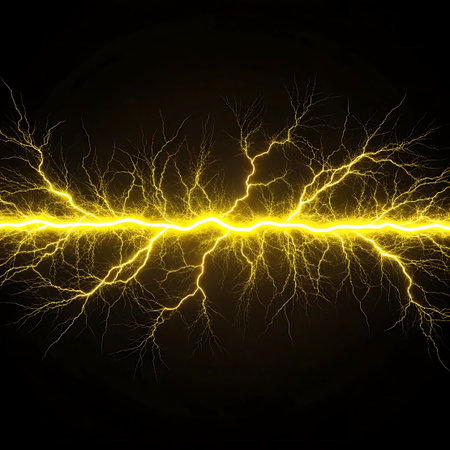 A vibrant yellow lightning bolt with numerous branching tendrils stretches horizontally across a dark, black background, conveying a powerful electrical discharge.の素材