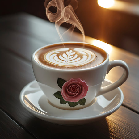 A white coffee cup with latte art and a pink rose decoration sits on a saucer on a dark wooden table, with steam rising from the hot beverage.の素材