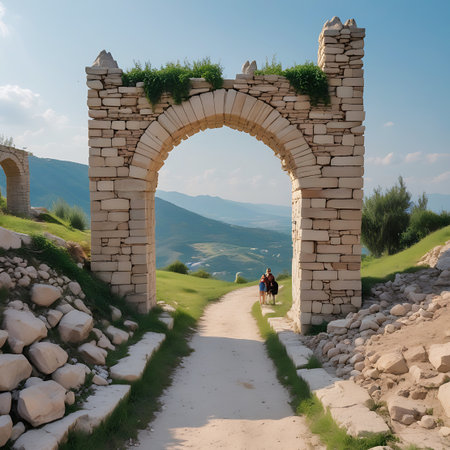 A grand stone archway, partially covered in greenery, stands on a grassy hillside overlooking a scenic valley and distant mountains under a bright blue sky.の素材