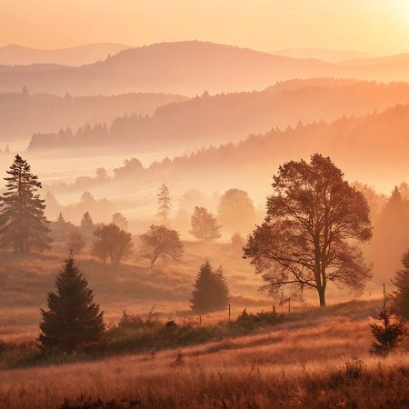 A serene mountain landscape bathed in the warm light of sunrise or sunset, with mist obscuring distant hills and silhouetted trees.の素材