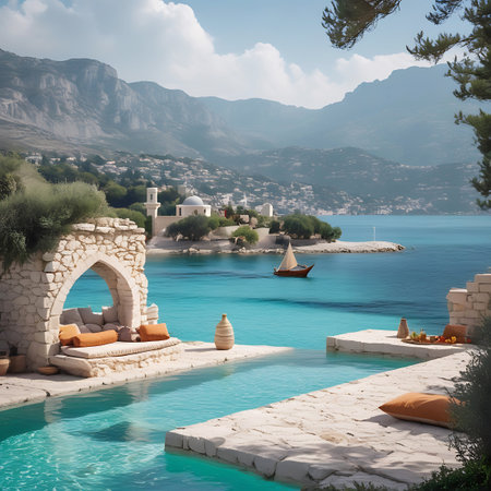 An inviting infinity pool with a stone archway and comfortable seating overlooks a stunning turquoise Mediterranean sea with a distant town and mountains.の素材