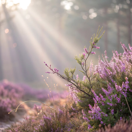 Delicate pink heather flowers bloom in a sun-drenched forest clearing. Golden sunbeams stream through the trees, creating a soft, ethereal glow and highlighting the vibrant blossoms.の素材