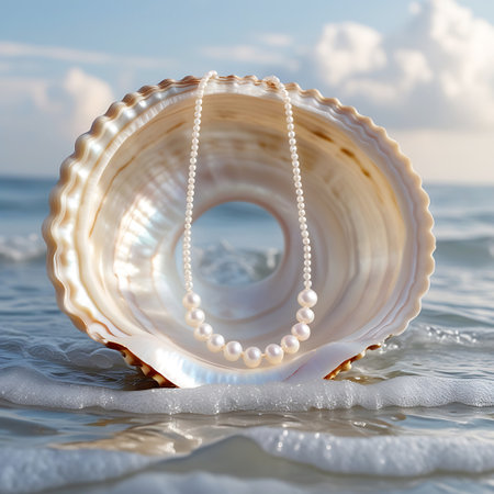 A delicate pearl necklace is draped inside a large seashell resting on a sandy beach. Gentle ocean waves and foam surround the shell, with the sea and sky in the background.の素材