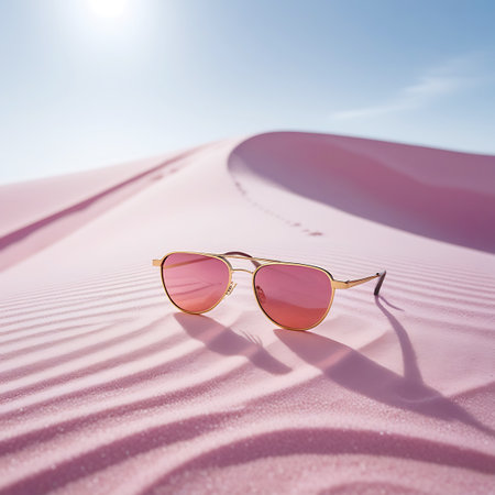 A pair of gold-rimmed sunglasses with pink lenses rests on rippled pink sand dunes under a bright, sunny sky.の素材