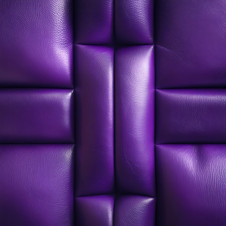 A close-up, full-frame view of a purple quilted leather texture with a glossy sheen and visible stitching creating a geometric pattern.の素材