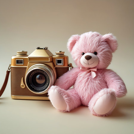 A fluffy pink teddy bear with a bow sits beside a vintage gold and brown camera with a detailed lens.の素材