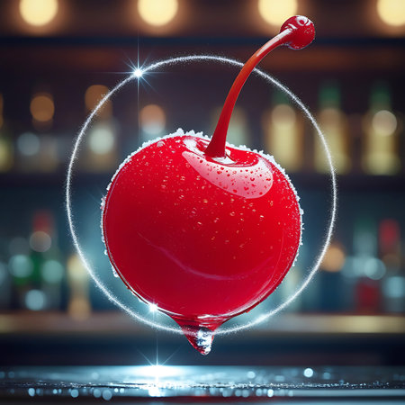 A bright red maraschino cherry, coated in sugar crystals and water droplets, floats with a glowing halo against a blurred bar background.の素材