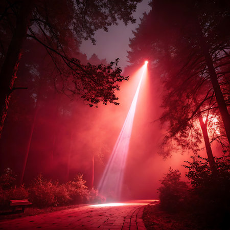 A bright red beam of light cuts through a foggy forest at night, illuminating a brick path and surrounding trees with a dramatic glow.の素材