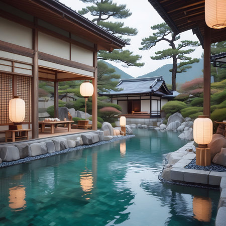 A tranquil Japanese garden features a clear turquoise pond reflecting traditional architecture and lanterns. Lush trees and rocks surround the serene water.の素材