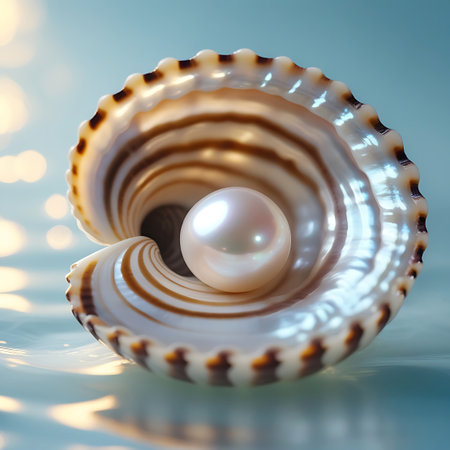A single, lustrous white pearl rests elegantly within the intricate curves of a detailed seashell. The scene is set on a shimmering, watery surface with soft bokeh lights.の素材