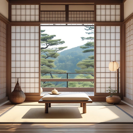 A serene Japanese room with tatami mats, shoji screens, and a low table offers a peaceful view of a mountainous landscape with lush trees.の素材