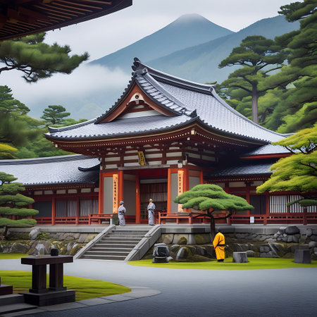 Two monks stand on the steps of a red and blue Japanese temple, surrounded by manicured trees, rocks, and a misty mountain backdrop.の素材