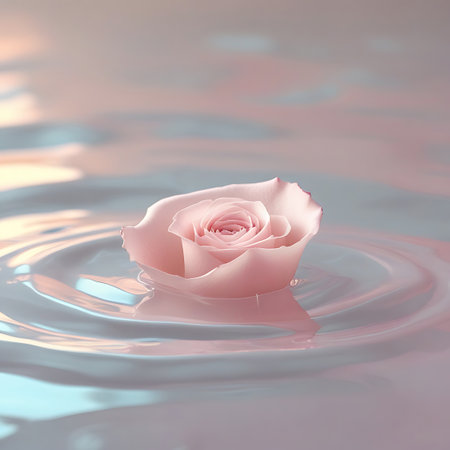 A soft pink rose is centered on a rippling water surface, creating gentle waves and subtle reflections.の素材