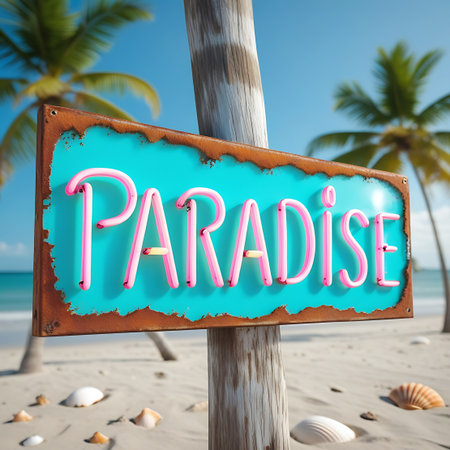 Coast showing rusty paradise neon sign on a tropical beach with palm trees keywords: paradise, sign, neon, tropical, beach, ocean, sand, palm trees, vacation, travel, summer,...の素材