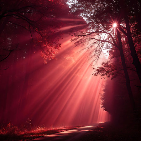 Sunbeams dramatically cut through a dense red forest canopy, illuminating a path with vibrant light rays.の素材