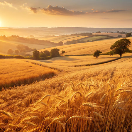 Rolling hills covered in golden wheat fields are bathed in the warm light of the setting sun, creating a serene landscape.の素材