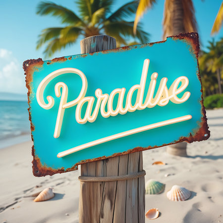 A weathered turquoise sign reading "Paradise" is mounted on a wooden post on a sandy tropical beach with palm trees and the ocean in the background.の素材