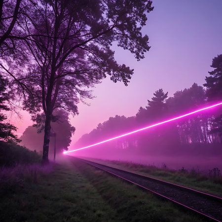 Train tracks disappear into a misty forest under a purple twilight sky, bisected by a bright pink laser beam cutting through the fog.の素材