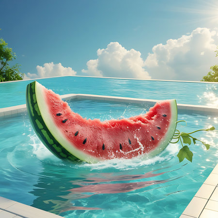 A substantial slice of watermelon floats in a pristine swimming pool, with water splashing around it and lush green trees in the background under a clear blue sky.の素材