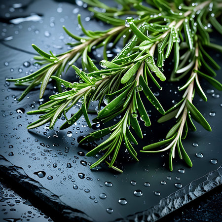 Close-up of vibrant green rosemary sprigs covered in water droplets, resting on a dark, textured stone surface with reflections.の素材